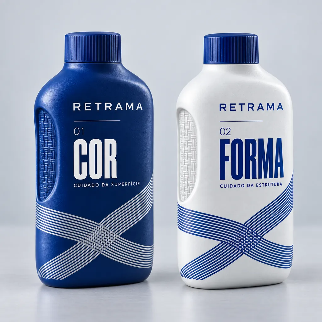 Frascos Retrama COR, azul, e Retrama FORMA, branco, lado a lado