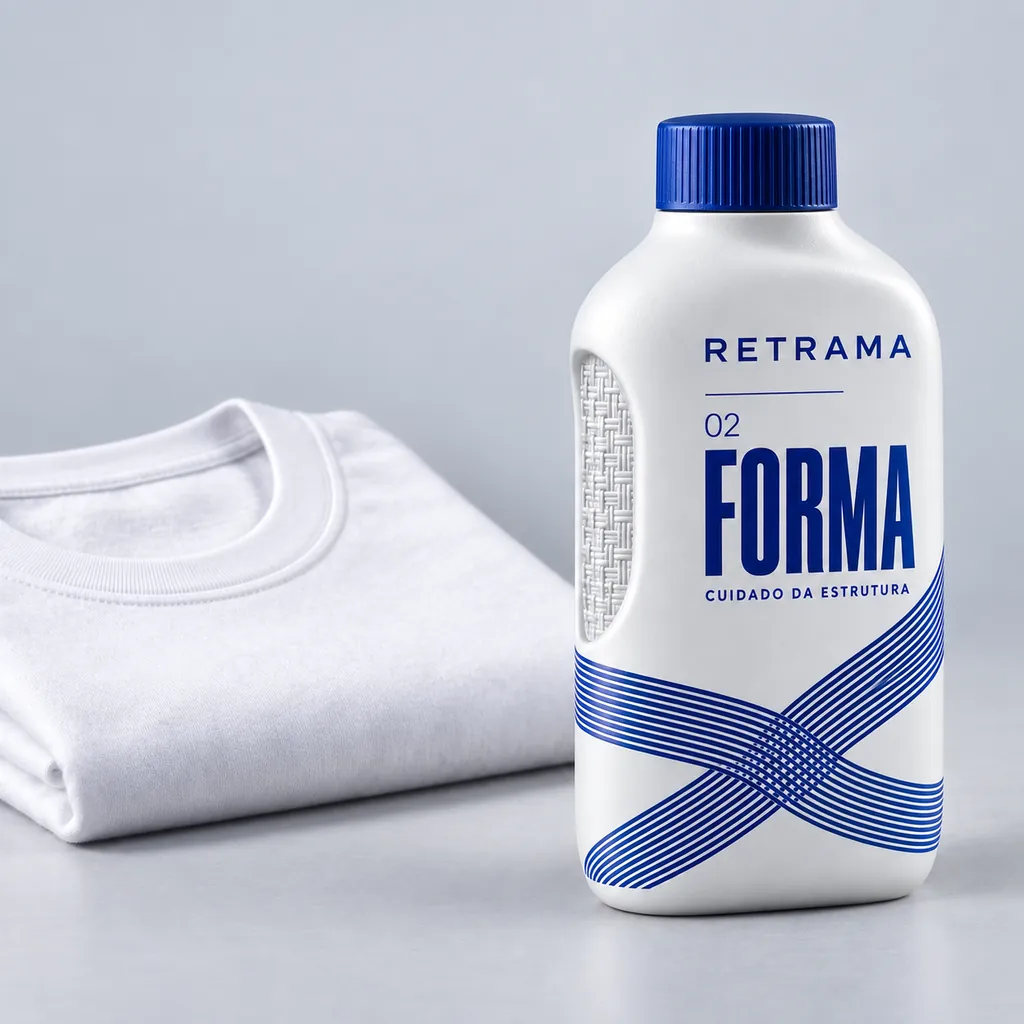Frasco Retrama FORMA ao lado de uma camiseta branca com a gola firme