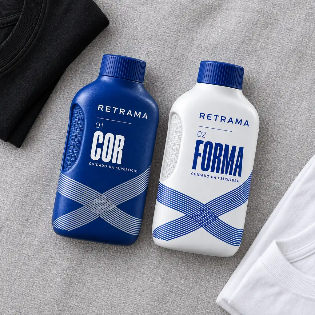 Os dois frascos do kit vistos de cima, com camisetas dobradas